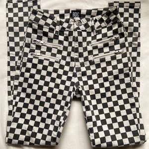 Checkered high rise skinny jeans w/ zipper pockets